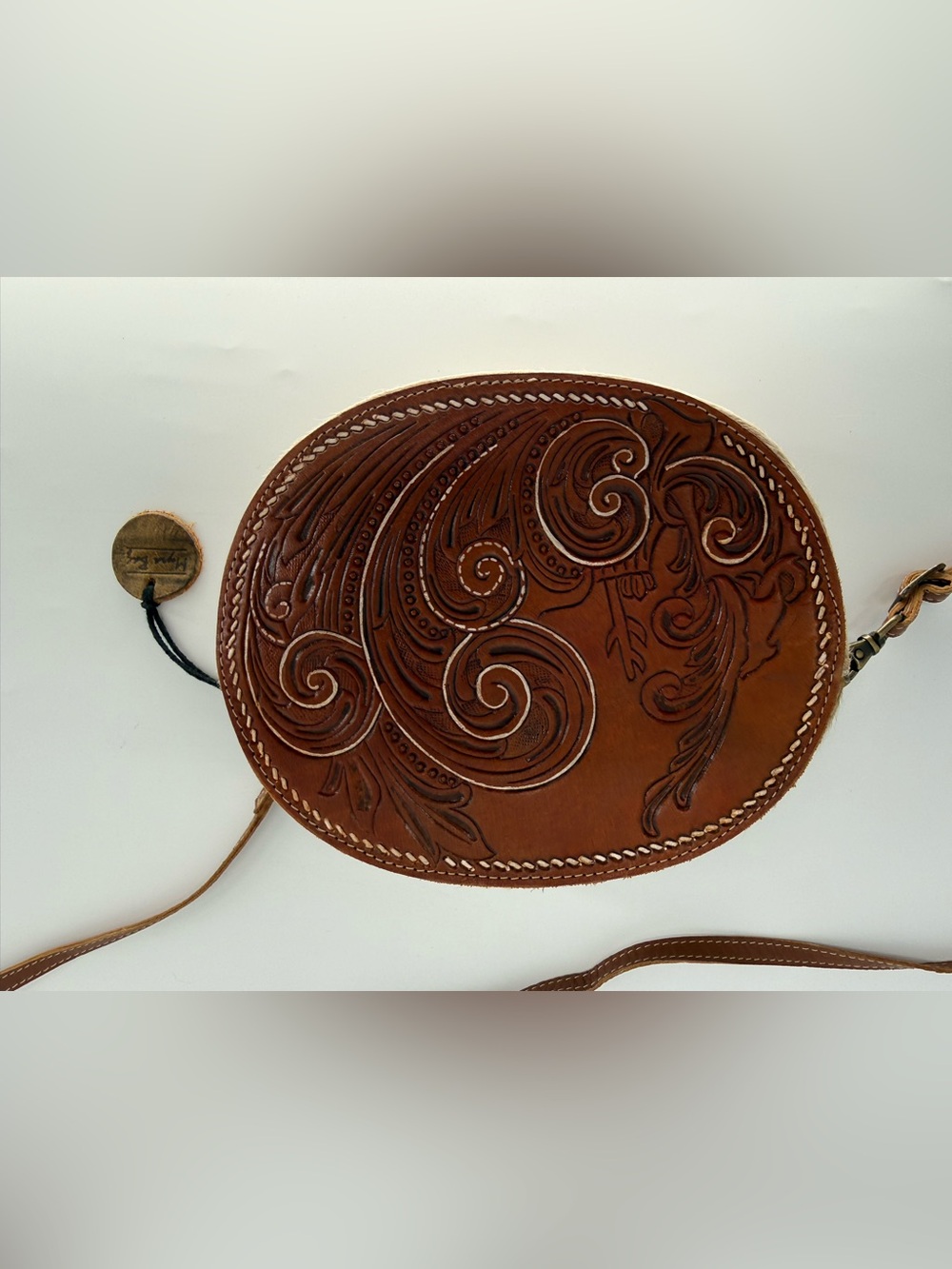 Myra Bag Brown Leather Round Crossbody with Tooled Detail